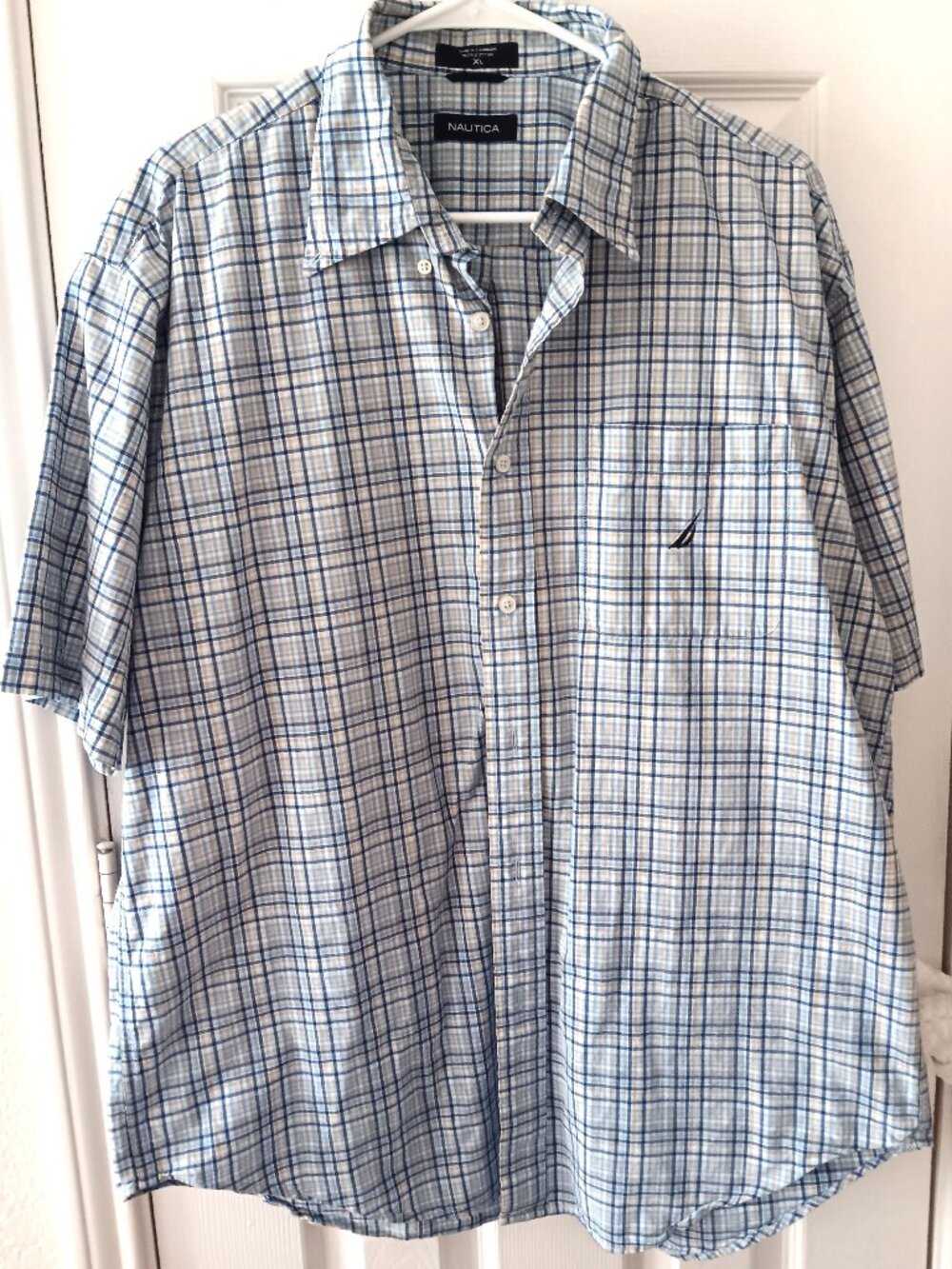 Nautica Men's Cotton Short Sleeve Button Down Blue Gold Navy Shirt - XL